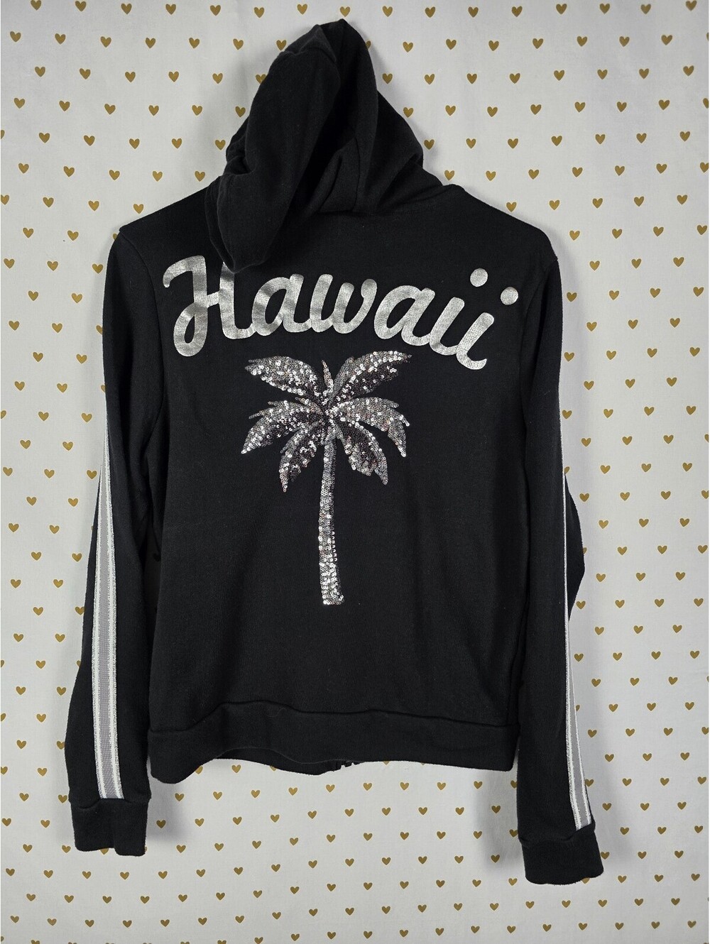 Victoria's Secret PINK Hawaii Sequin Palm Tree Zip Hoodie Black M Bling HTF